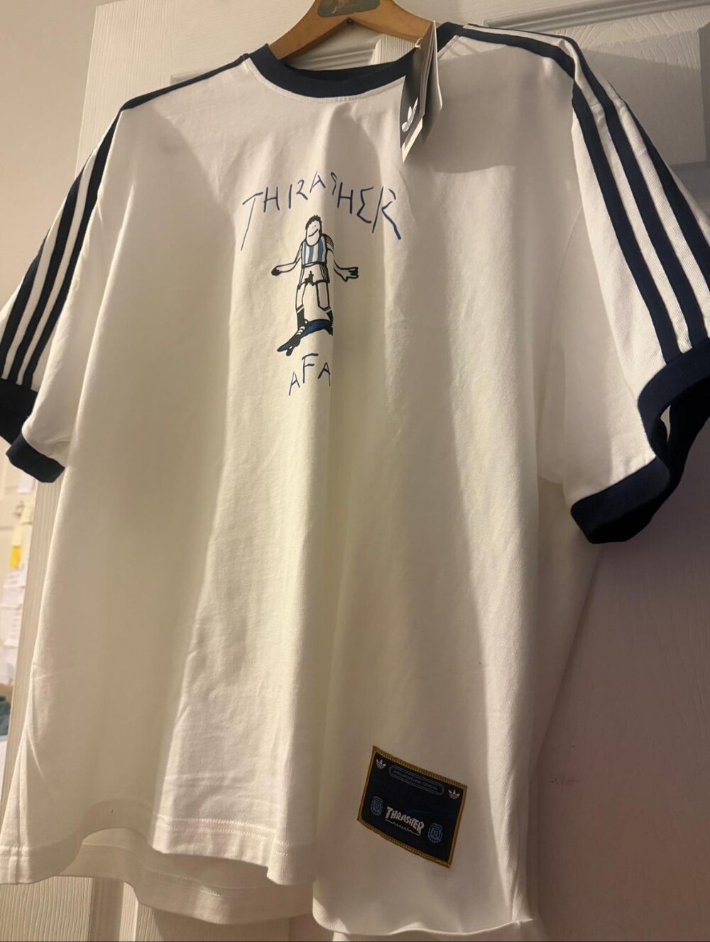 Adidas White Trasher Tee with Navy Trim & Skate Graphic